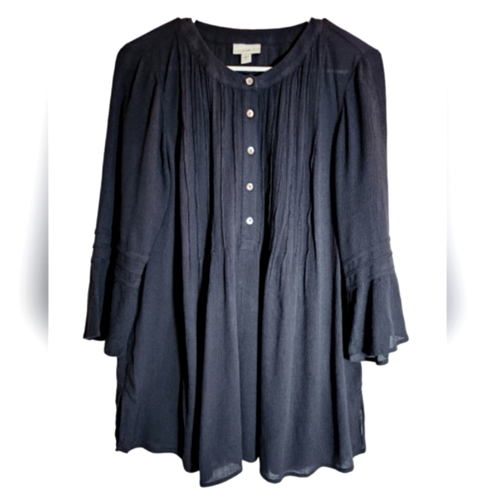 J.Jill Navy Blue Pintucked Bell Sleeve Popover Blouse Top Size S - Picture 1 of 5